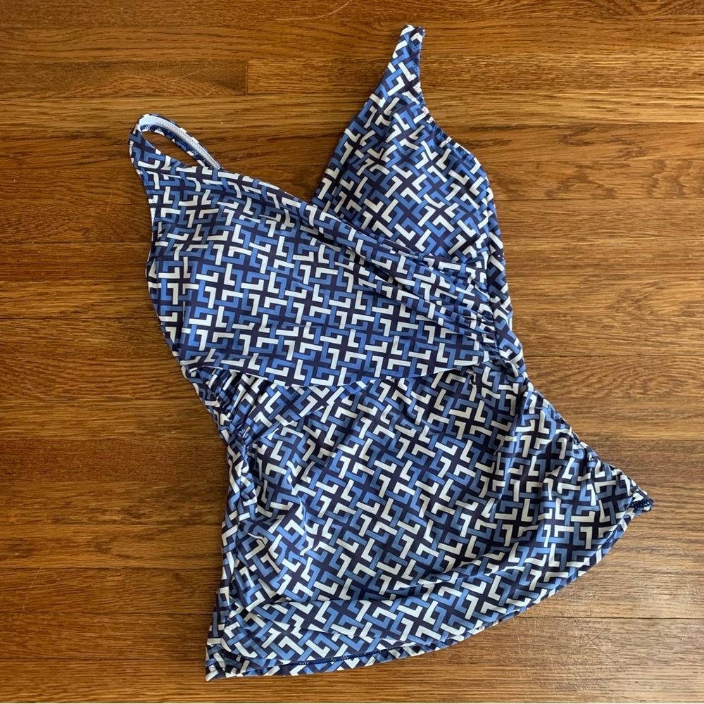 Lands End Blue and White Geometric Wrap Style Swimsuit Tankini Top